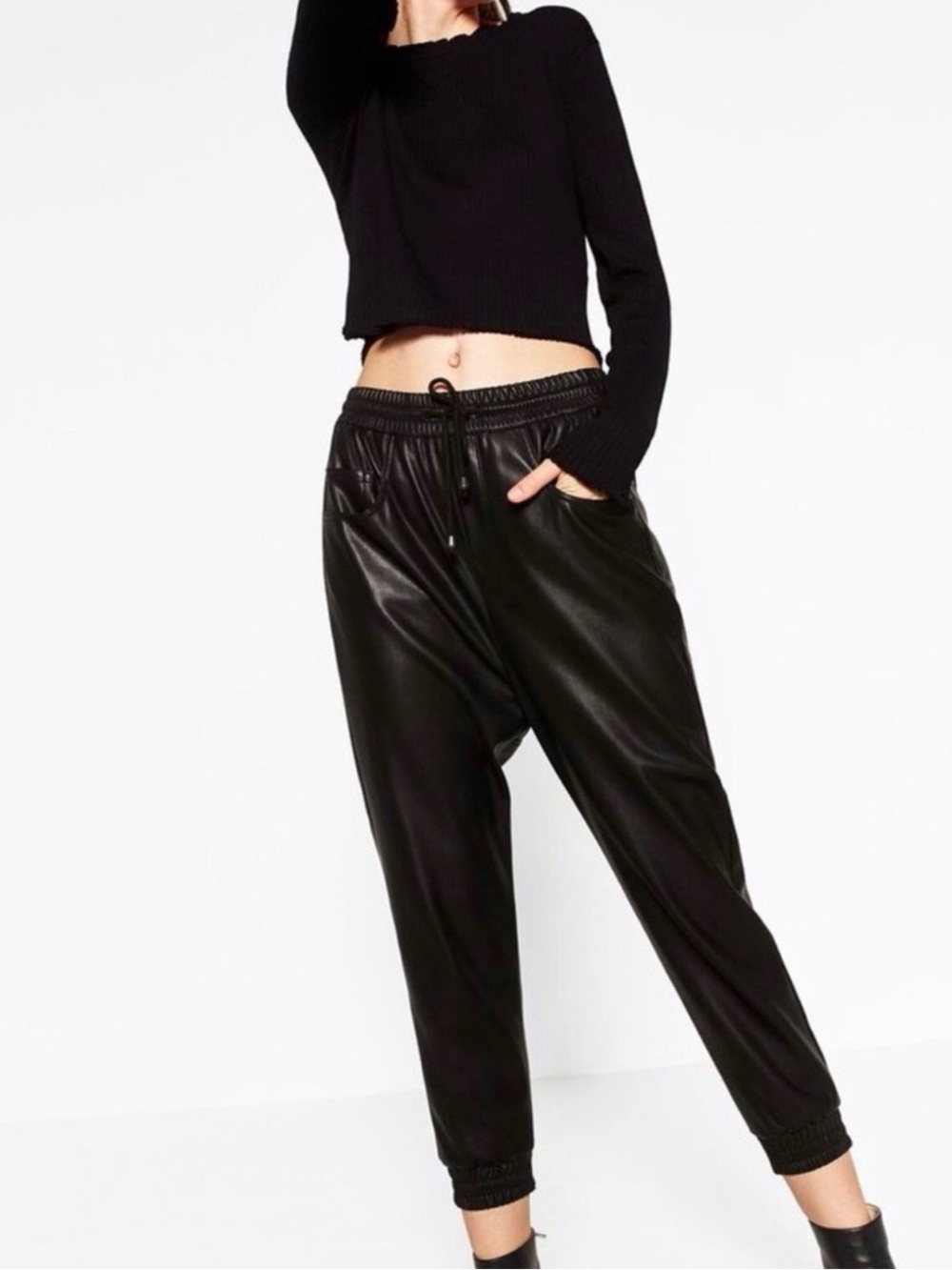 Zara Black Faux Leather Jogger Pants - size XS